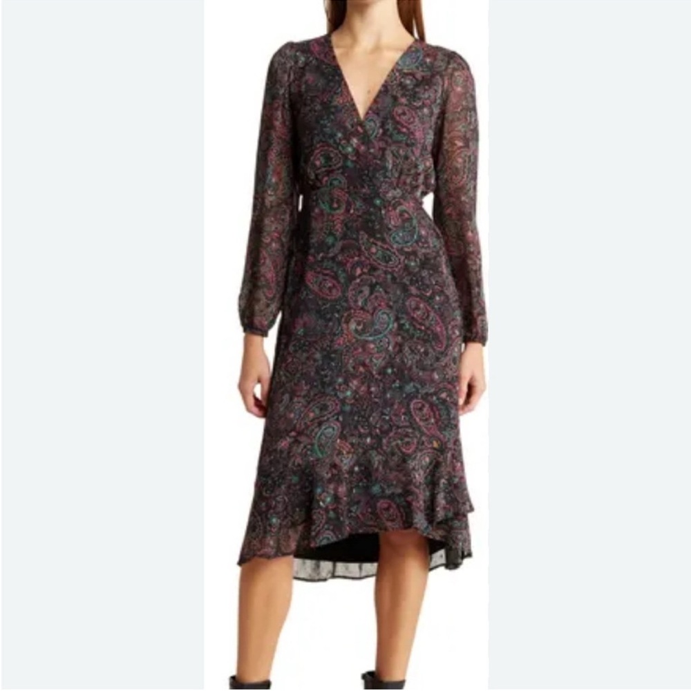 Lucky Brand Paisley Faux Wrap Long Sleeve Midi Dress XL Boho Western